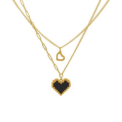 China Hypoallergenic Trendy Jewelry 18K Gold Plated Double Chain Necklaces Stainless Steel Mosaic Black Heart Layered Pendant Necklace For Women for sale