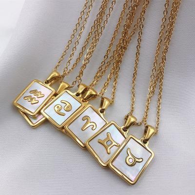 China Trendey Hypoallergenic 18K Gold Plated Natural Zodiac Sign Square 12 Stainless Steel Shell Star Sign Jewelry Party Pendent Necklace For Women for sale