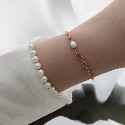 China New Arrival Environmental Friendly 18k Gold Plated Stainless Steel Jewelry Baroque Freshwater Pearl Bracelet Layered Chain Bracelets Tarnish Free for sale