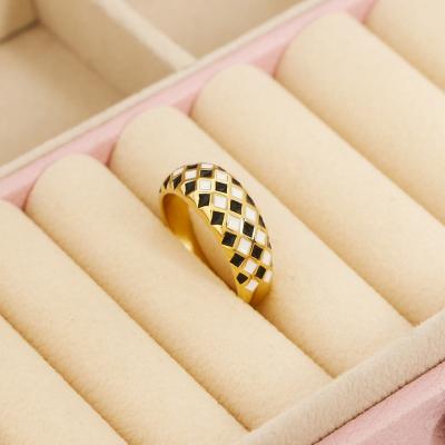 China Environmental Friendly INS 18K Gold Plated Stainless Steel Black White Enamel Checkered Dome Ring 18K Gold Plated Stackable Rings For Gifts for sale