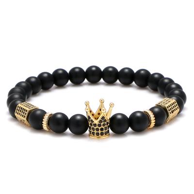 China 2022 Fashion 8mm Matte Onyx Micro Paved Cubic Zircon Black Charm Crown Elastic Bracelet With Beads For Men for sale