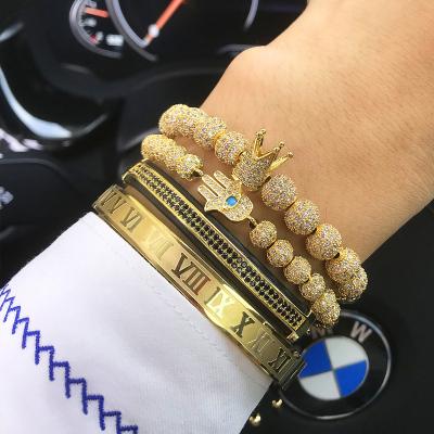 China 2019 Fashionable Wholesale Mens Luxury Gold Plated Crown And Eye Bracelet King Micro Pave CZ Balls Charm Adjustable Jewelry for sale