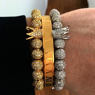 China Wholesale FASHIONABLE Men's Zircon CZ Balls Crown Roman Numeral Stainless Steel Cuff Bangle Bracelet for sale