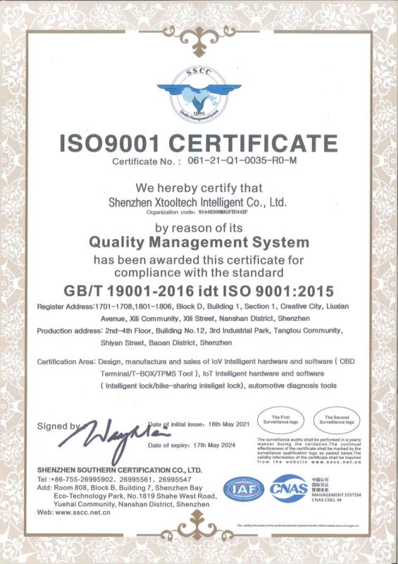 ISO9001 - Shenzhen Xtooltech Intelligent Co., Ltd.