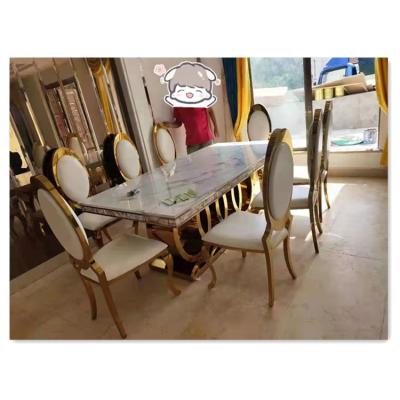 China Durable Metal Frame And Dining Table Stainless Steel Marble Dining Table Set Foshan Furniture One Table 8 Chairs for sale