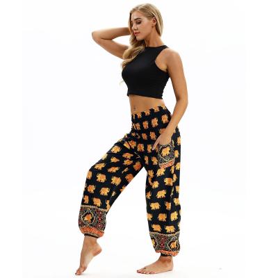 China Women's Breathable Gold Elephant Print High Waist Palazzo Pants Summer Casual Beach Boho Hippie Bohemian Pants for sale