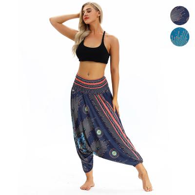 China Wholesale Cheap Price Breathable Modernic Peacock Printing Printed Hmong Polyester Loose Boho Pants For Women for sale