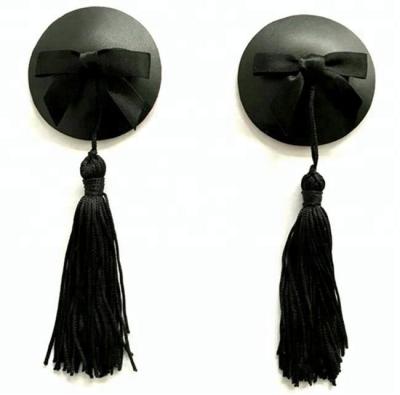 China Invisible Round Black Leather Pies Adhesive Reusable Nipple Cover With Tassel for sale