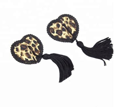 China Sexy Leopard Heart Invisible Heart Nipple Cover Pies Leather Bra With Tassel for sale