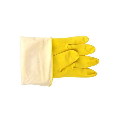 China Velvet lining hot sale cheap heat resistance cleaning gloves food grade household latex yellow-orange flocklined glove for sale