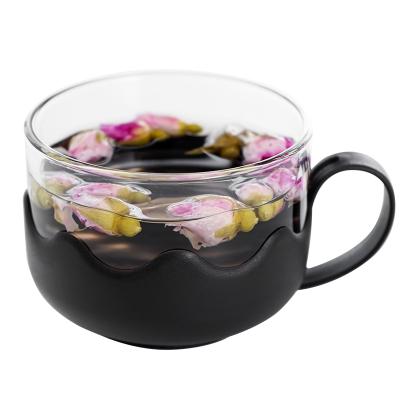 China Factory viable supply cheap price clear transparent glass tea cups coffee mug with plastic holder for sale