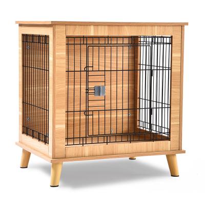 China Wooden Wire Iron Dog Crate Viable Pet Training Dog Kennel Wooden Dog Crate With Lockable Double Doors for sale