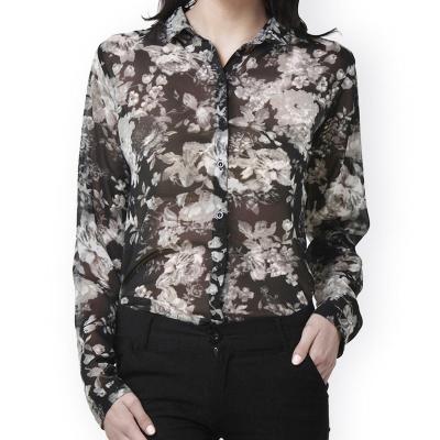 China Tailored Anti-pilling Made Women Long Sleeve Slim Fit Cotton Black Floral Printed Casual Shirts Blouses for sale