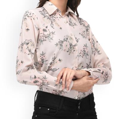 China MTM Manufacturer Women's Long Sleeve Pink Slim Fit Cotton Long Sleeve Casual Shirts Floral Printed Casual Blouses for sale