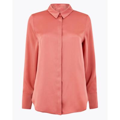 China Anti-pilling factory manufacturer MTM bespoke dark pink sexy long sleeve ladies silk satin blouses for sale