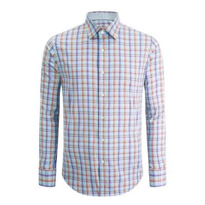 China Anti-pilling MTM Shirt Hidden Button Down Collar Long Sleeve Blue Checked Cotton Dress Shirt Manufacturer for sale