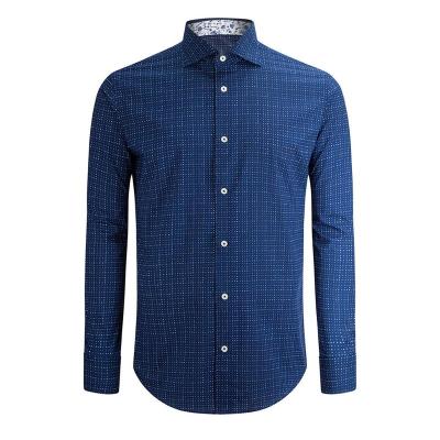 China Anti-pilling Navy MTM Supplier Spread Collar Long Sleeve Printed Cotton Dress Shirt for sale