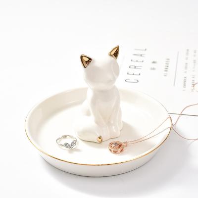 China Gold Fox Ring Holder Unique Ceramic Trinket Tray Ceramic Jewelry Holder With Love White Fox for sale