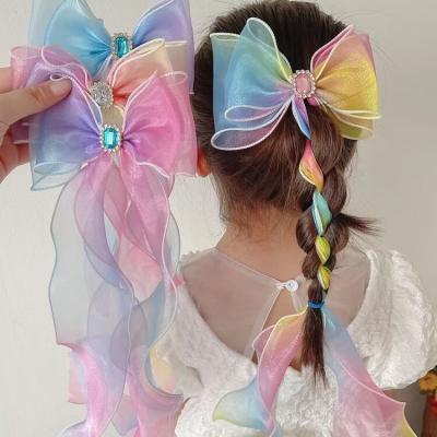 China Environmental Friendly Kids Princess Hair Slides Laser Color Gradient Hair Cut Ribbon Barrettes Bowknot Hair Pin For Kids for sale