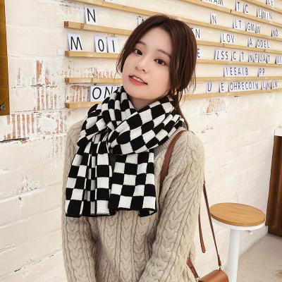 China Environmentally Friendly Chess Fashion Tassels Muffler Black White Wool Long Turning Necker Warm Women Head Scarf for sale