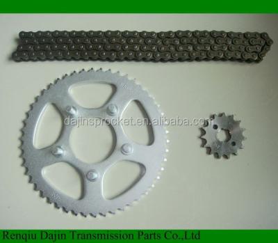 China A3 steel 45 1045 steel motorcycle sprockets kits / parts from Dajin for shineray motorcycle / suzuki ax100 parts for sale