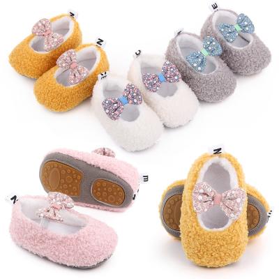 China Breathable Baby Toddler Infant Girls Non Slip Soft Plush Bow Rubber Sole Slip On Mary Jane Dress Shoes Princes Shoes Gift for sale