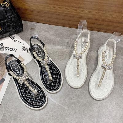 China Other Cheap New Arrival Rhinestone Summer Bowknot Slippers Thin Open Bottom Pearl Beach Toe Ankle Strap Shoes Buckle Sandals for sale