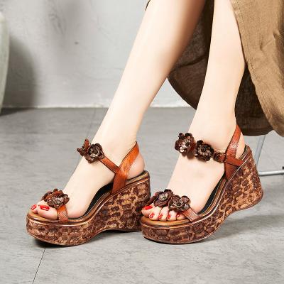 China Handmade Genuine Leather Wedges Sandals Flowers Summer Shoes Woman Waterproof High Heel Shoes Ethnic Retro Waist Ladies Growing Shoes for sale