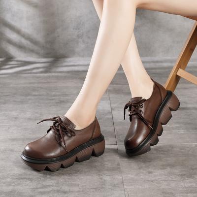 China Anti-Slippery Genuine Leather Women Shoes Handmade Retro Real Leather Pumps Platforms Women's Shoes Ladies Muffin Sole Wedges Shoes 20238 for sale