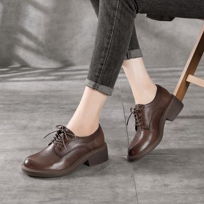 China Genuine Leather Shoes Anti-Slippery Retro Derby Shoes Square High Heel Handmade Women Pumps Real Cow Leather Ladies Shoes 89612 for sale