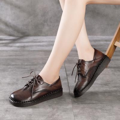 China 20831 Breathable Genuine Cow Leather Ladies Lace Up Shoes Woman Retro Heel Leather Shoes Unique Soft Handmade Women Flats for sale