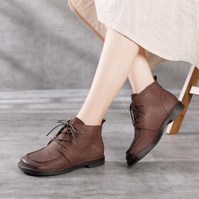 China Anti-slippery Genuine Leather Shoes Woman Heel Women's Handmade Flat Boots Retro Scare Sole Ankle Boots Soft Winter Leather Boots Ladies 20895 for sale