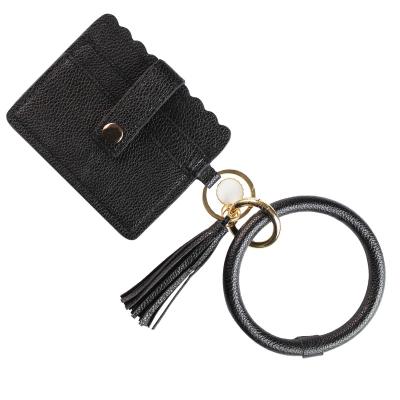 China Snakeskin Plaid Key Ring Card Holder Custom Leopard Fashion Tassel PU Wallet Wristlet Chain Key Holder For Women for sale