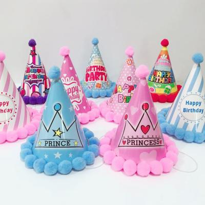 China Festival Decoration Children's Birthday Party Decoration: Pompom Birthday Crown Paper Hat Baby Hundred Day Party Decorations for sale