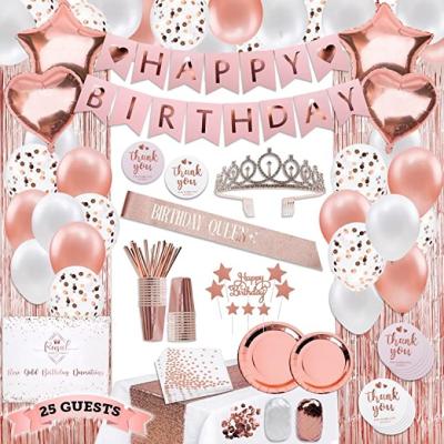 China Modern 225 PC Rose Gold Birthday Party Decorations Kits for Girls, Teens or Women - Happy Birthday Pre-String Banners Curtains for sale