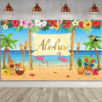 China Durable Fabric Hawaiian Aloha Party Decoration, Large Summer Luau Beach Party Banner Backdrop Polyester Photography For Birthday Musical Party for sale