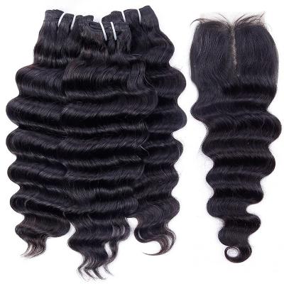 China Brazilian Deep Wave Bunldes With Closure Brazilian Hair 3 Bundles Deep Wave With 8inches T Piece Lace Headband In Cheap Price Wholesale for sale