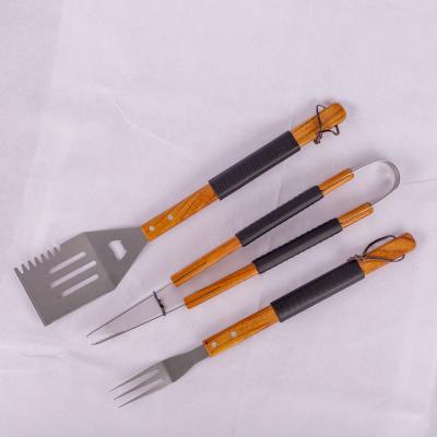 China High Quality Easily Cleaned Outdoor Camping BBQ Accessories Grilling Tools Carry Bag Stainless Steel Wooden Handle BBQ Grill Tool Kit for sale