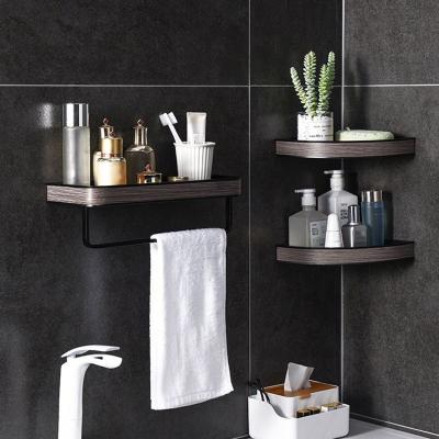 China Wall Mounted Type No Drilling Aluminum Alloy Black With Wood Grain Corner Organizers Shower Caddy Shampoo Storage Bathroom Shelf for sale