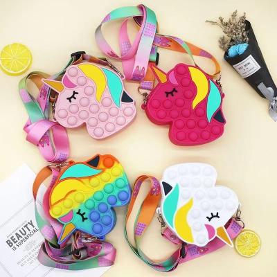 China Fashion Wholesale Unicorn Fidget Toys Coin Purses Mini Silicone Wallet Bags Kids Lanyard Case Push Bubble Pop Sensory Purse for sale