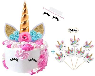 China Plastic Unicorn Horn Ears and Flowers Birthday Party Decoration Unicorn Birthday Cake Topper Unicorn for Baby Shower Unicorn Cake Decoration for sale