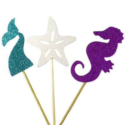 China Starfish Seahorse Mermaid Glitter Cupcake Topper Cake Picks For Mermaid Party Supplies Party Decorations 24pcs Birthday Gifts for sale