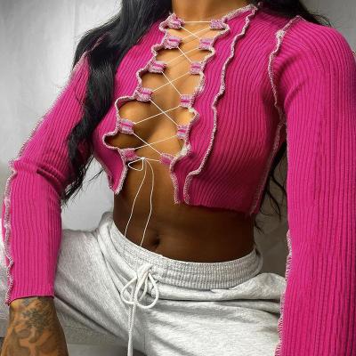 China 2020 Amzon Best Selling Autumn And Winter Solid Color Long Sleeve T-Shirt Knitted Bandage Crop Tops Sexy Hollow Out Women Tops for sale