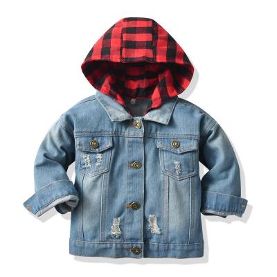 China 2021 High Quality Anti Wrinkle Toddler Denim Shirt Jacket Kids Wear Baby Boy Kids Denim Top Jacket With Check Red Hoodie for sale