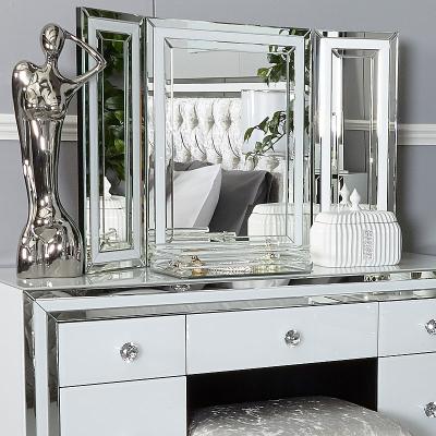 China Art Deco Durable White Glass and Mirrored Triple Freestanding Vanity Mirrored Dressing Room Table Triple Mirror for Sale for sale