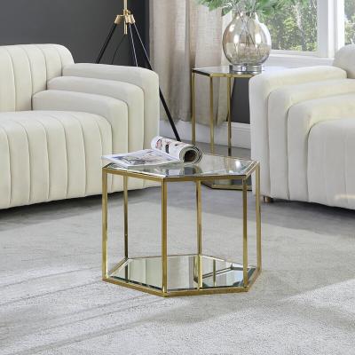 China Durable Modern Stainless Steel Frame Floor Shelf End Table Living Room Accent Side Table Corner Glass Table for sale