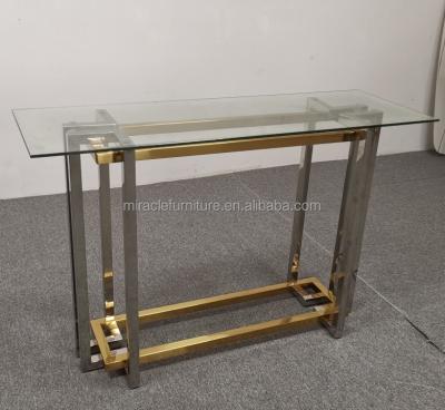 China Living Room Furniture Glass Top Gold And Silver Clear Stainless Steel Tempered Glass Tops Console Tables For Home Hotel for sale