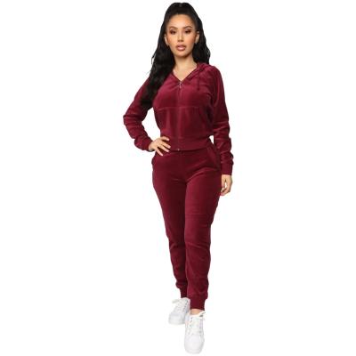 China Breathable High Quality Custom Velvet Long Sleeve Pullover Cropped Hoodie Training Sweatsuit Top Women 2 Piece Jogger Jacket Set for sale