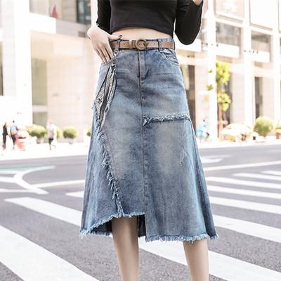 China Summer Women Clothing Denim Anti-Static Fabric Destroy Jeans Skirts Mid-Calf Washed A-Line Length High Waist Women Skirts Cowboy Solid Color for sale