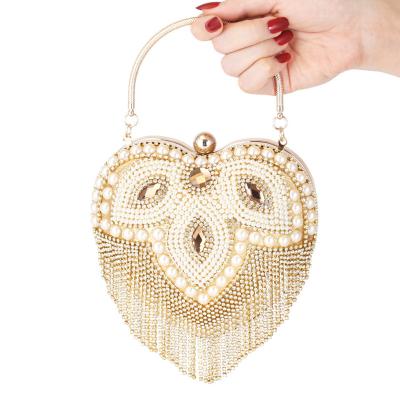 China Fashion Heart Beads White Handbag Beaded Purse Bag Woman Luxury Famous Brands Evening Clutches for sale